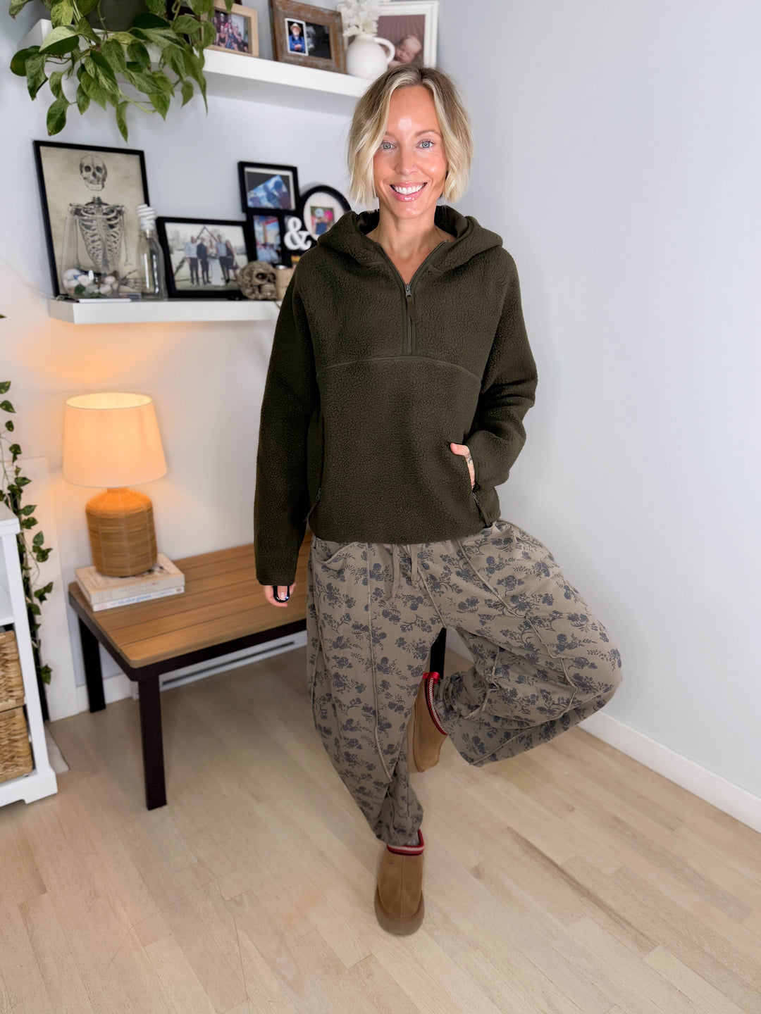 Willa 1/2 Zip Fleece Hoodie Pullover- DEEP OLIVE