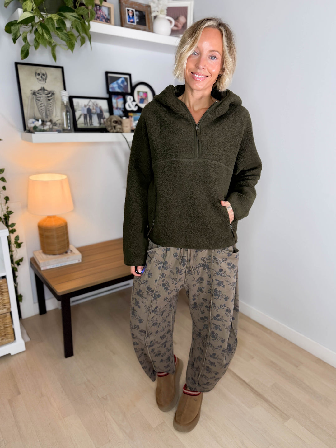 Willa 1/2 Zip Fleece Hoodie Pullover- DEEP OLIVE