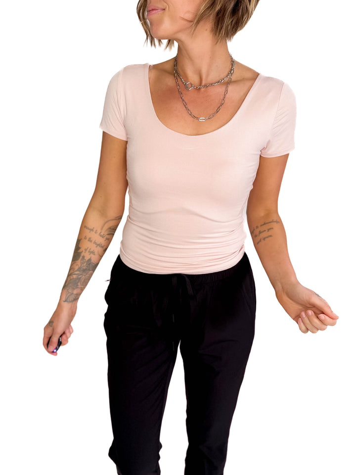 Lucy Scoop Neck Cap Sleeve Jersey Tee- BLUSH