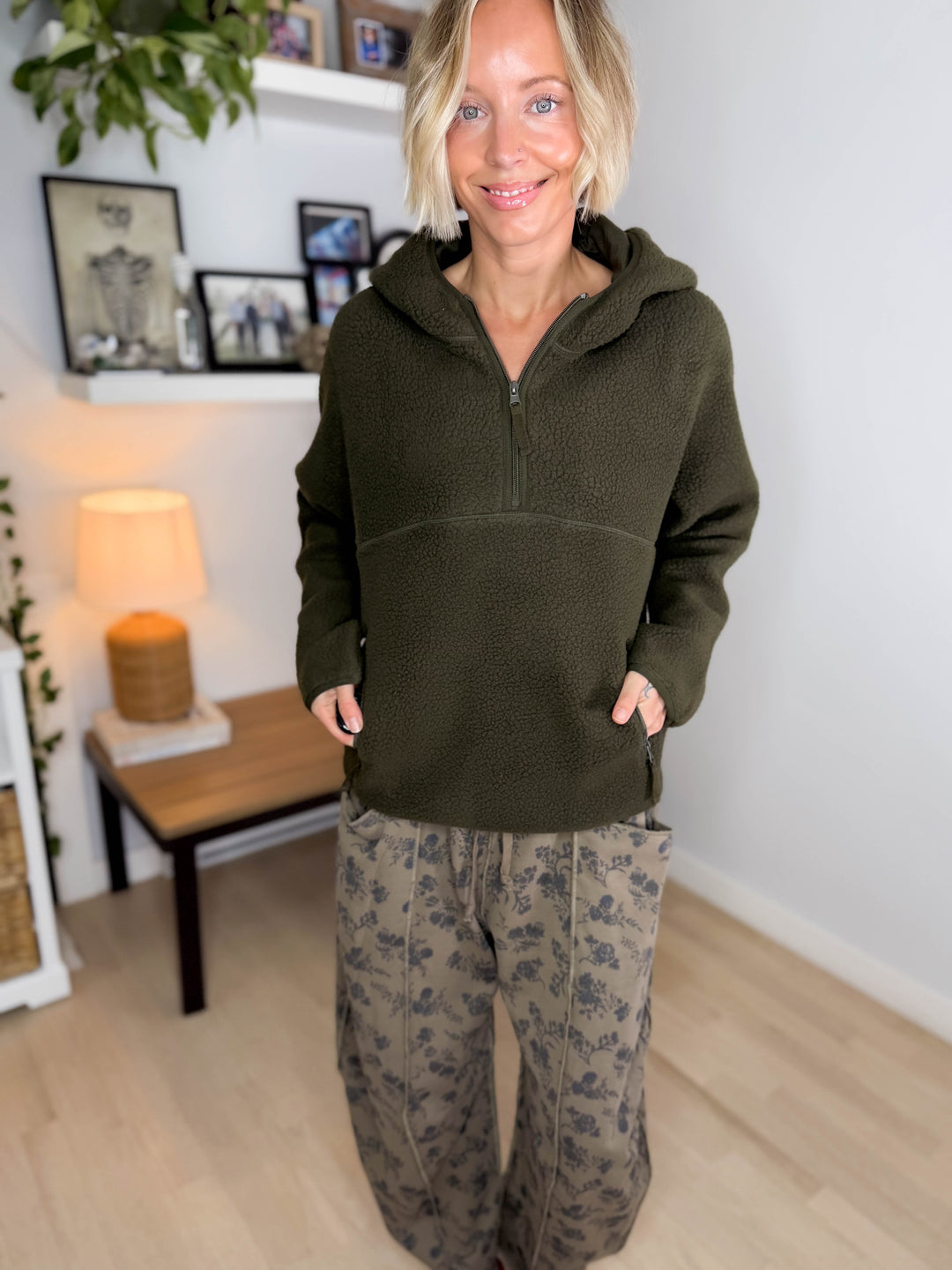 Willa 1/2 Zip Fleece Hoodie Pullover- DEEP OLIVE