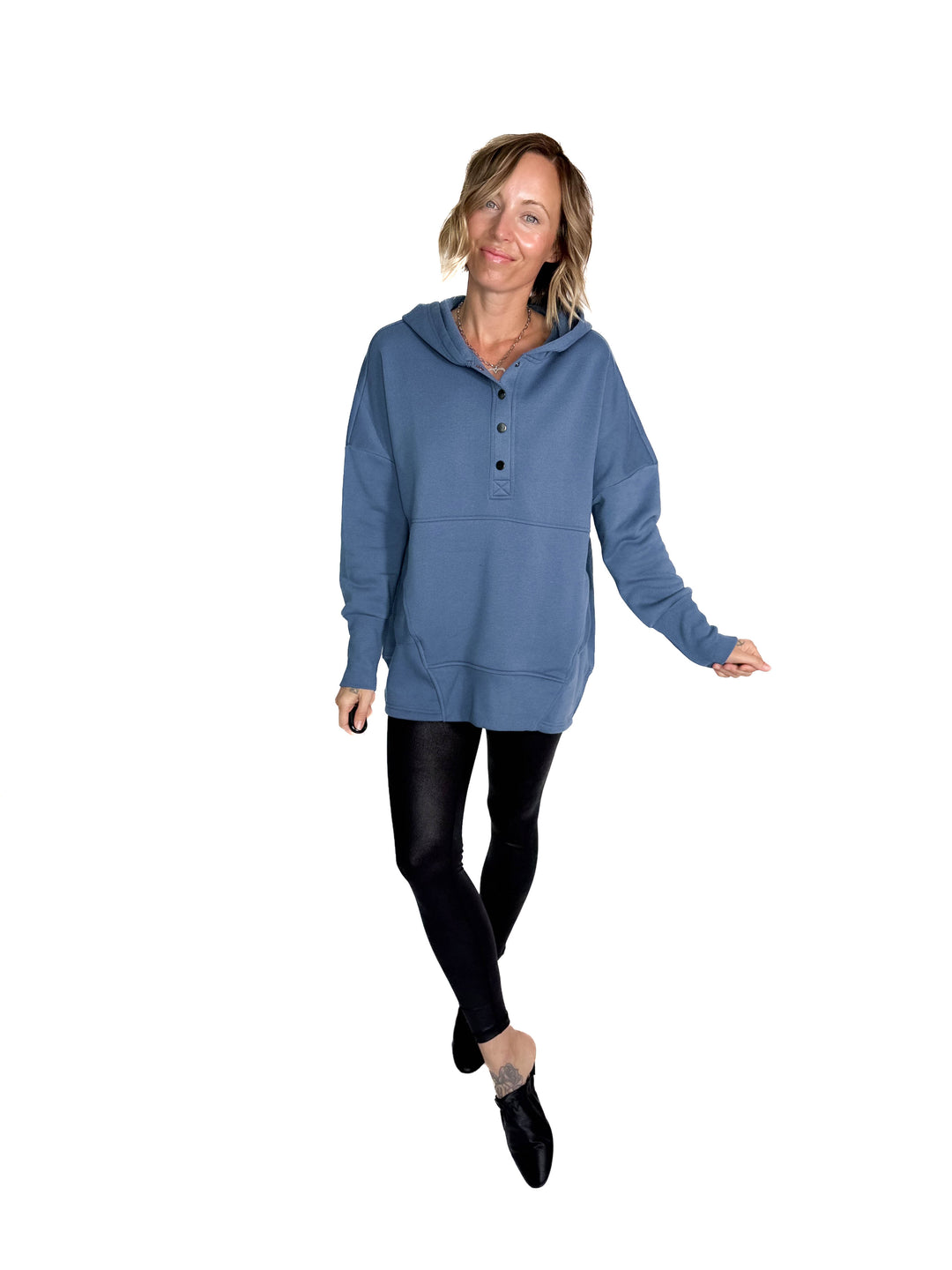 Farrah Fleece Half Button Hooded Sweatshirt- DUSTY BLUE
