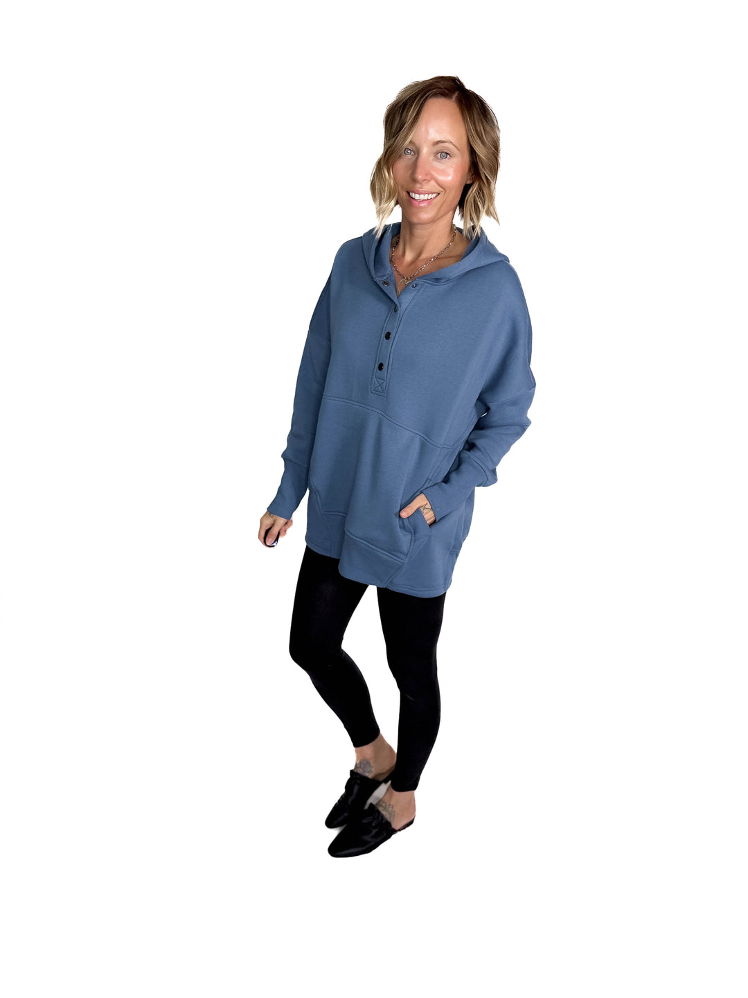 Farrah Fleece Half Button Hooded Sweatshirt- DUSTY BLUE