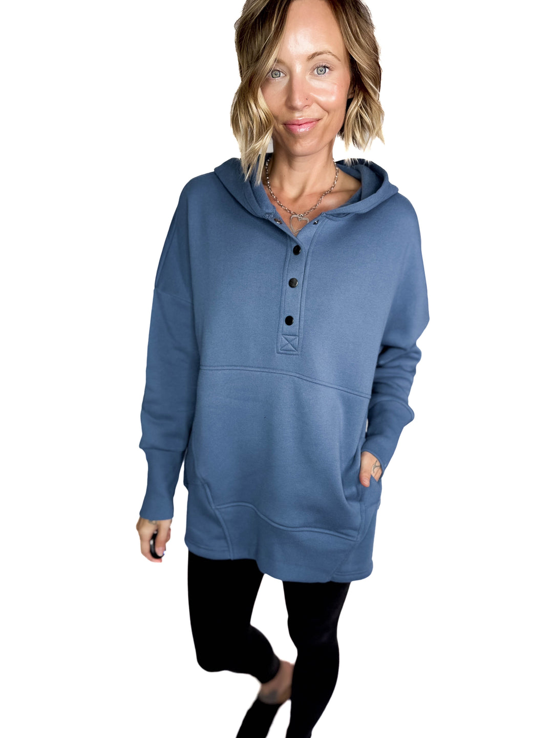 Farrah Fleece Half Button Hooded Sweatshirt- DUSTY BLUE
