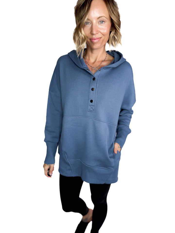 Farrah Fleece Half Button Hooded Sweatshirt- DUSTY BLUE