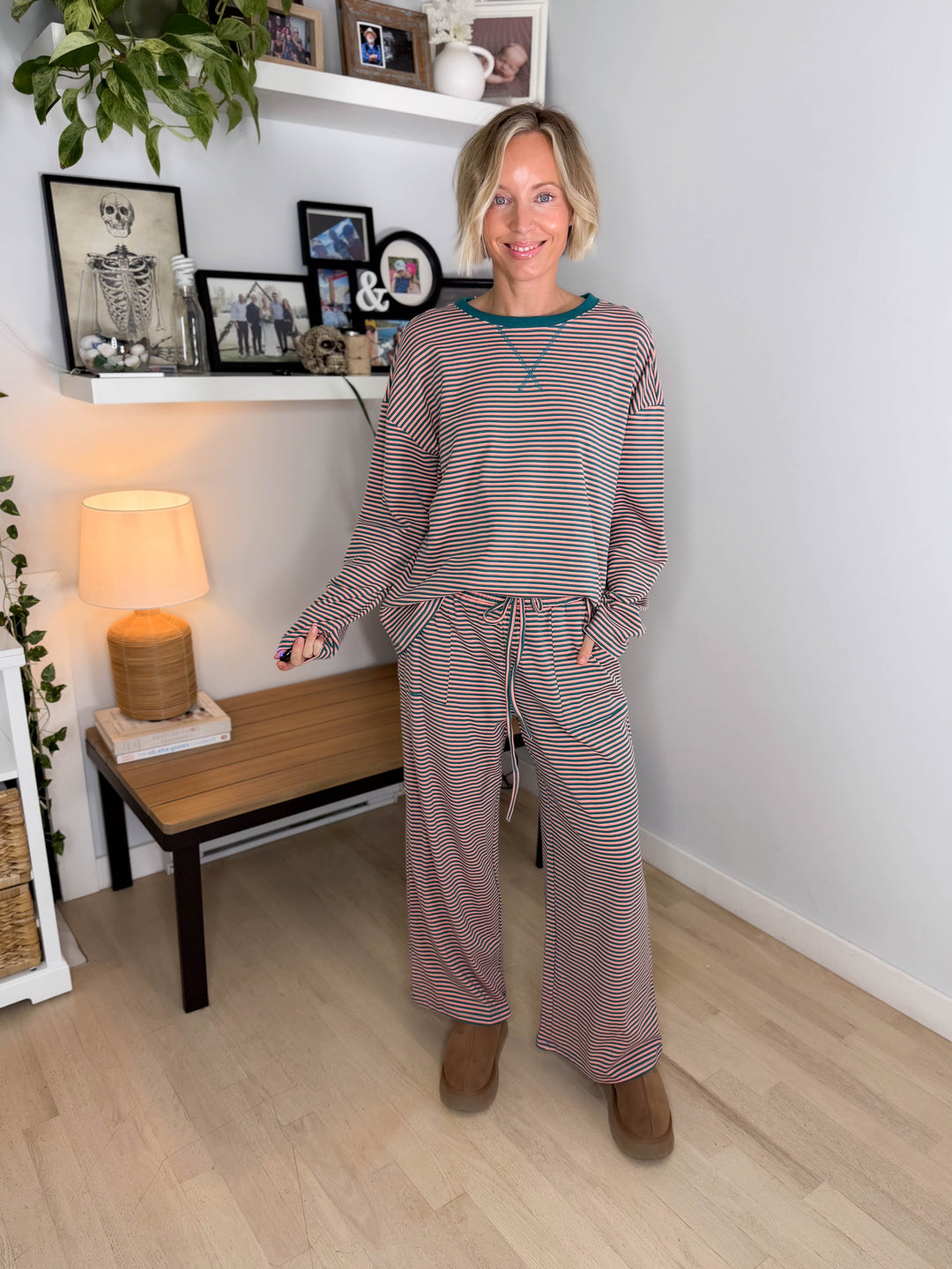 Romy Stretch Cotton Striped Set- TEAL/APRICOT