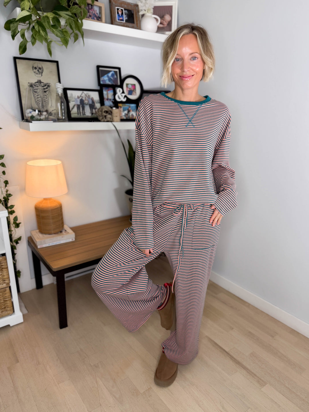 Romy Stretch Cotton Striped Set- TEAL/APRICOT