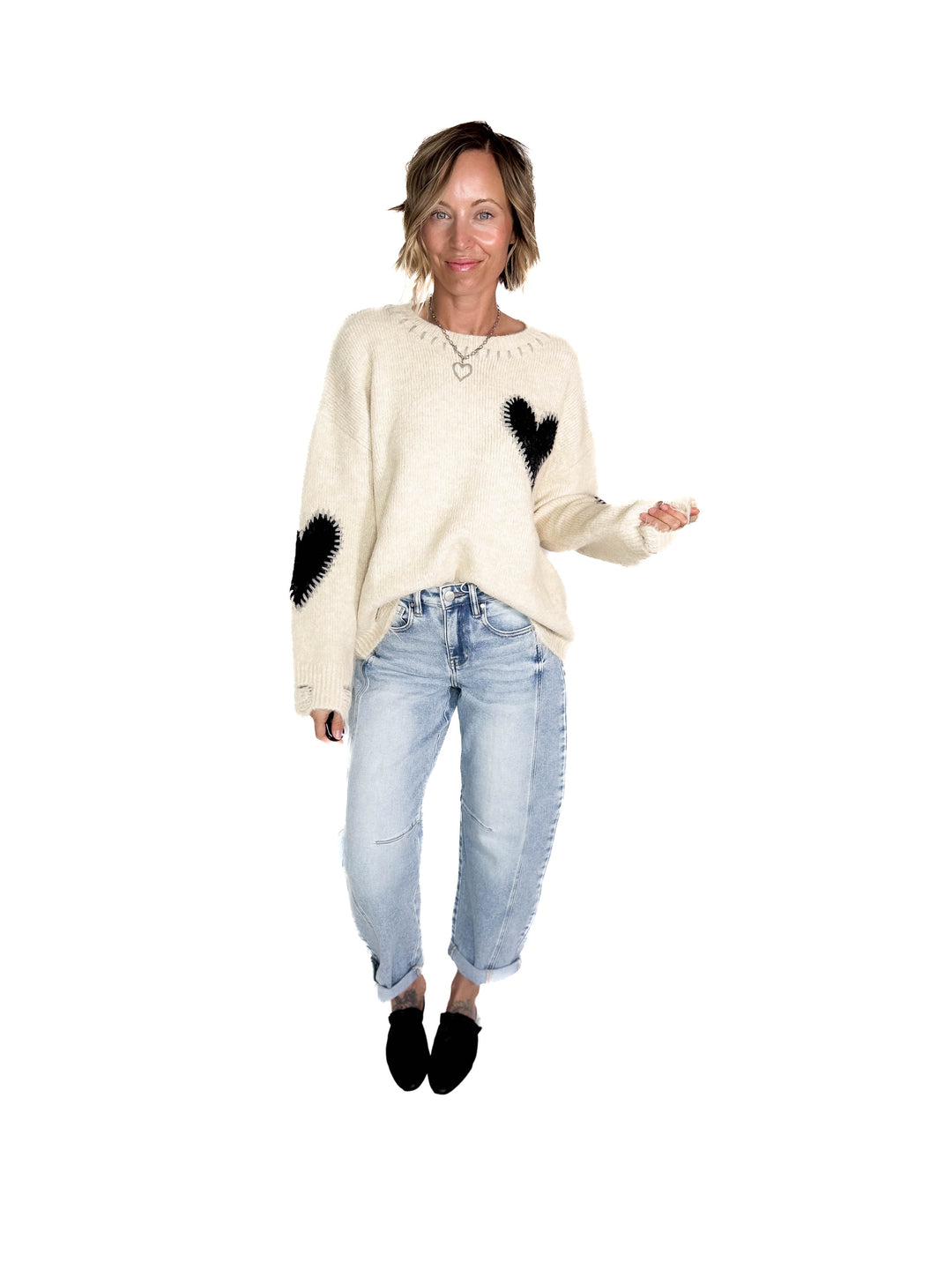 Cherish Distressed Heart Sweater- OATMEAL