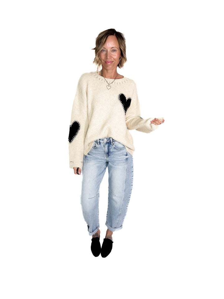 Cherish Distressed Heart Sweater- OATMEAL