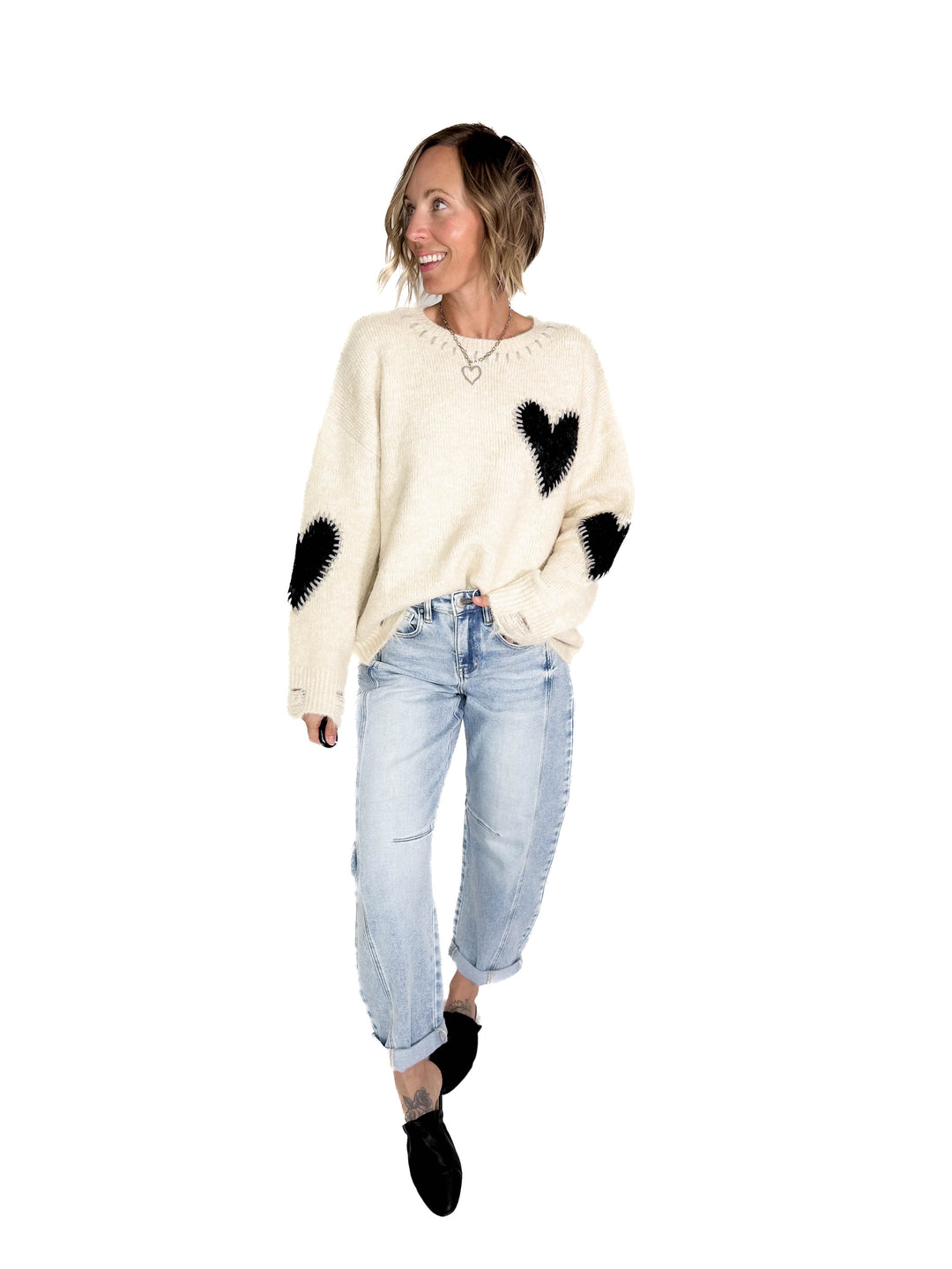 Cherish Distressed Heart Sweater- OATMEAL