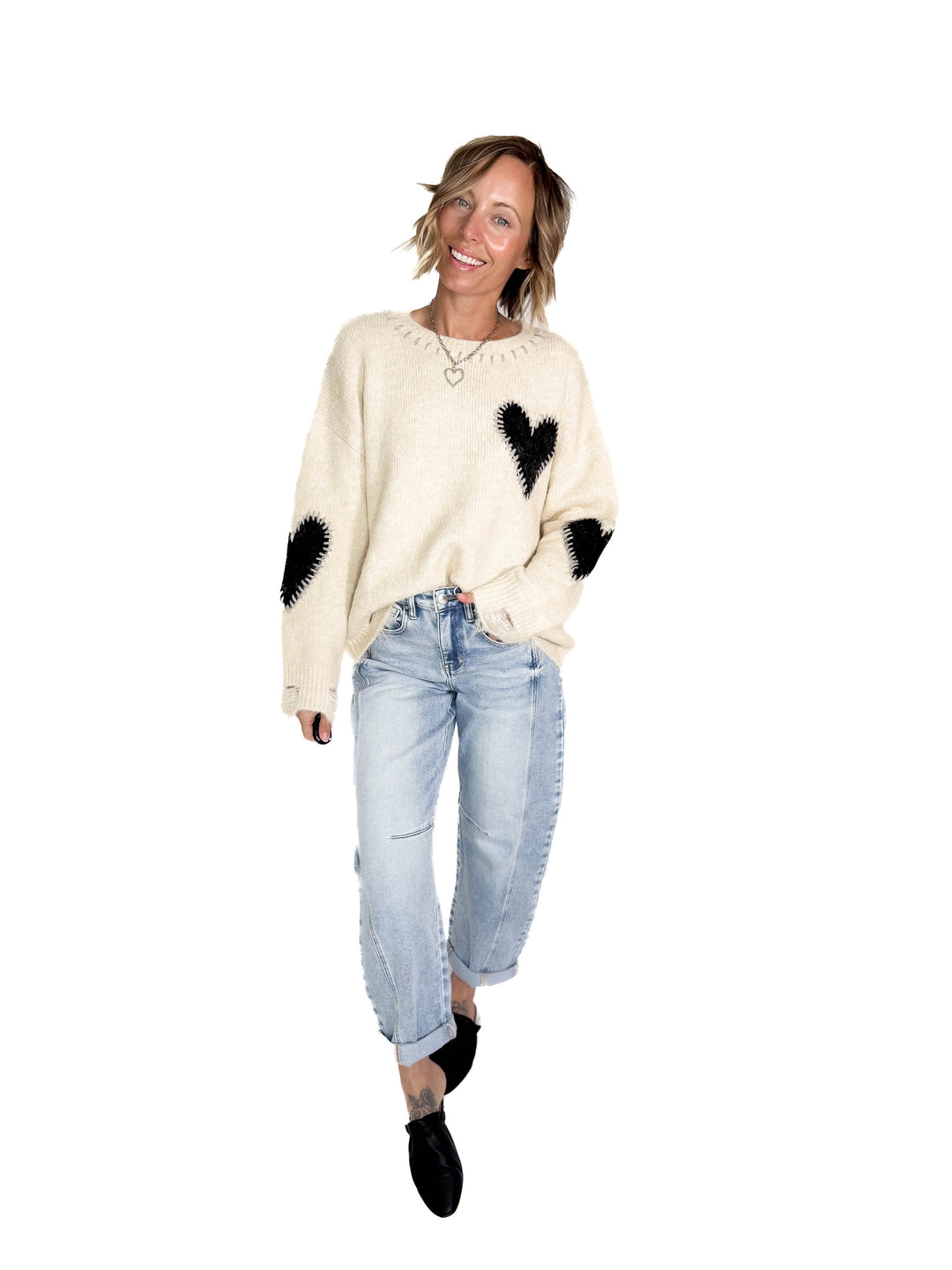 Cherish Distressed Heart Sweater- OATMEAL