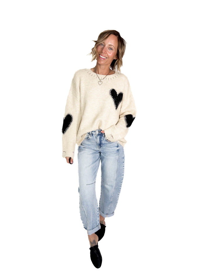 Cherish Distressed Heart Sweater- OATMEAL