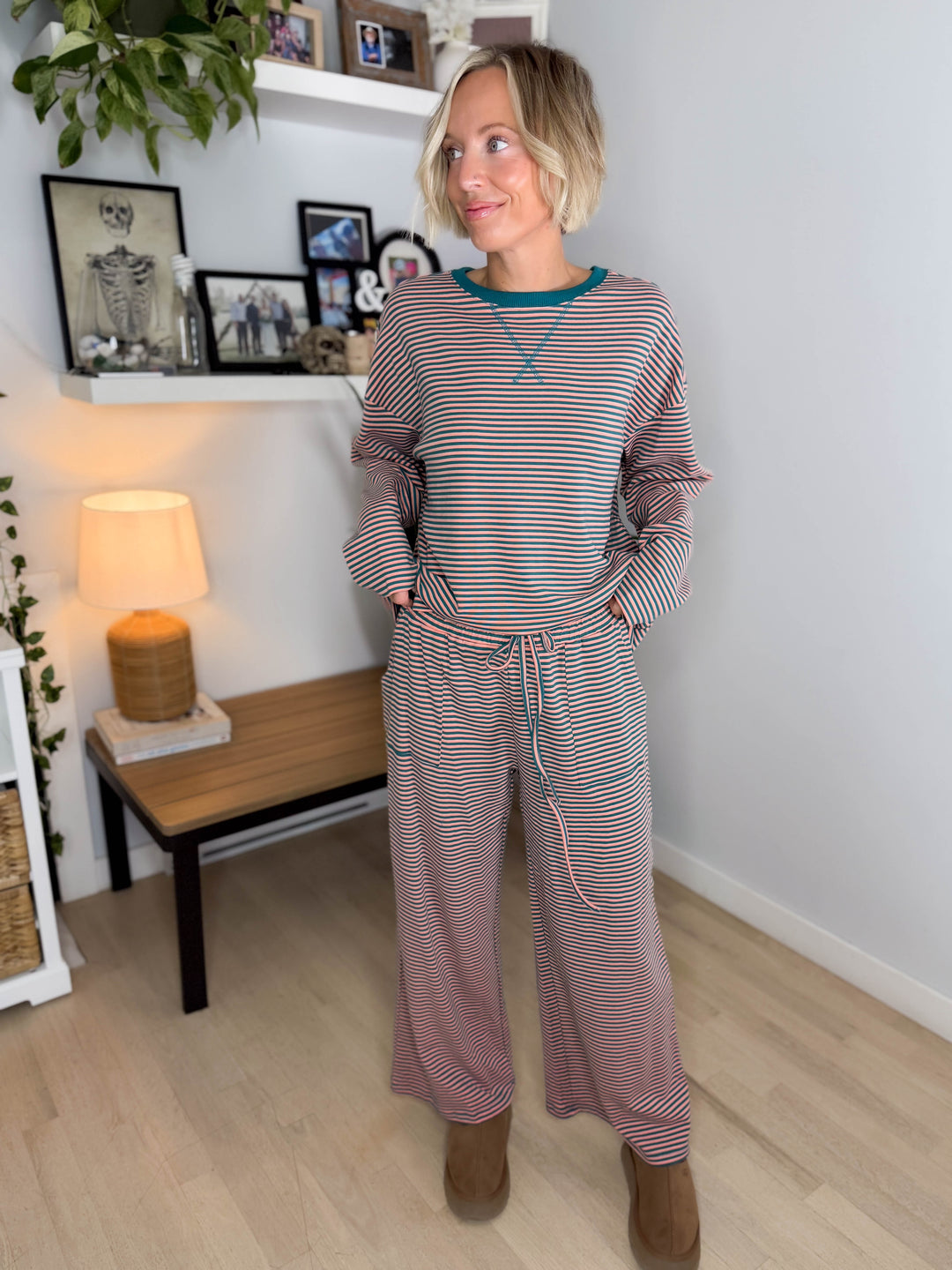 Romy Stretch Cotton Striped Set- TEAL/APRICOT