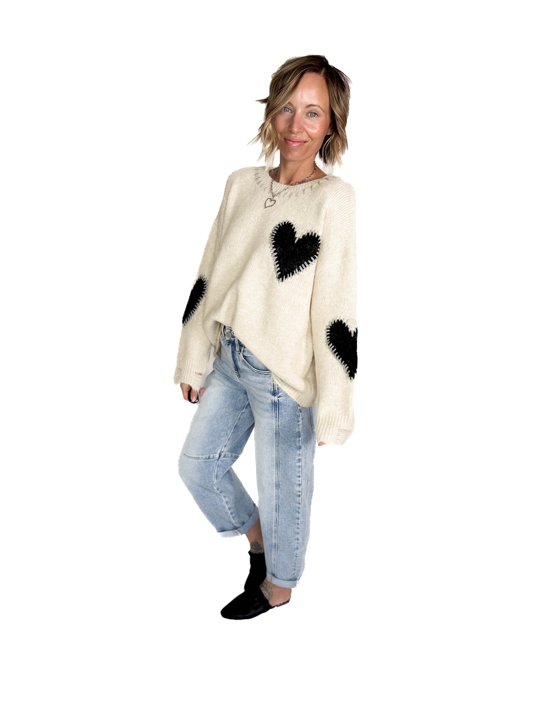 Cherish Distressed Heart Sweater- OATMEAL