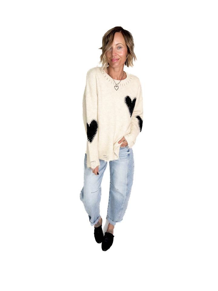 Cherish Distressed Heart Sweater- OATMEAL