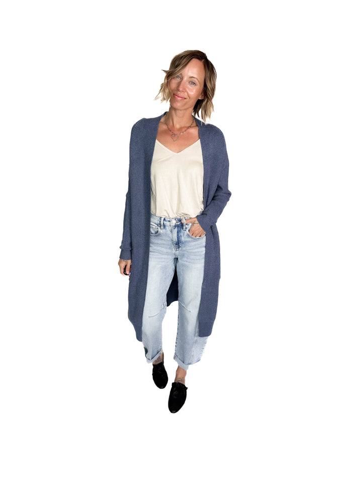 Lisa Long Line Knit Cardigan- STEEL BLUE