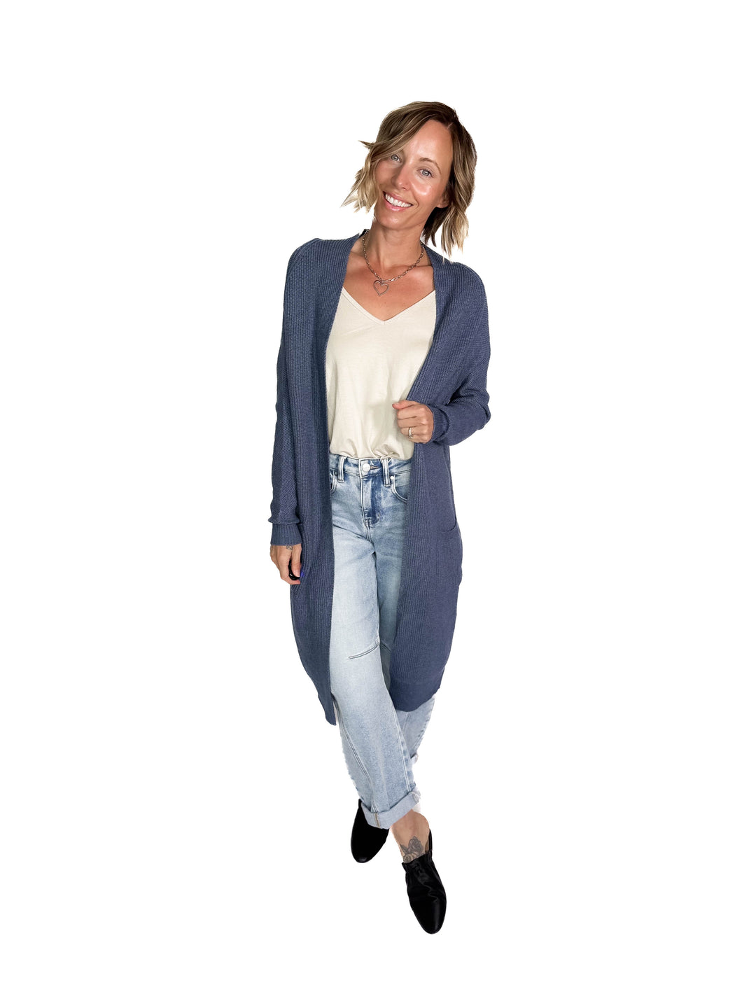 Lisa Long Line Knit Cardigan- STEEL BLUE