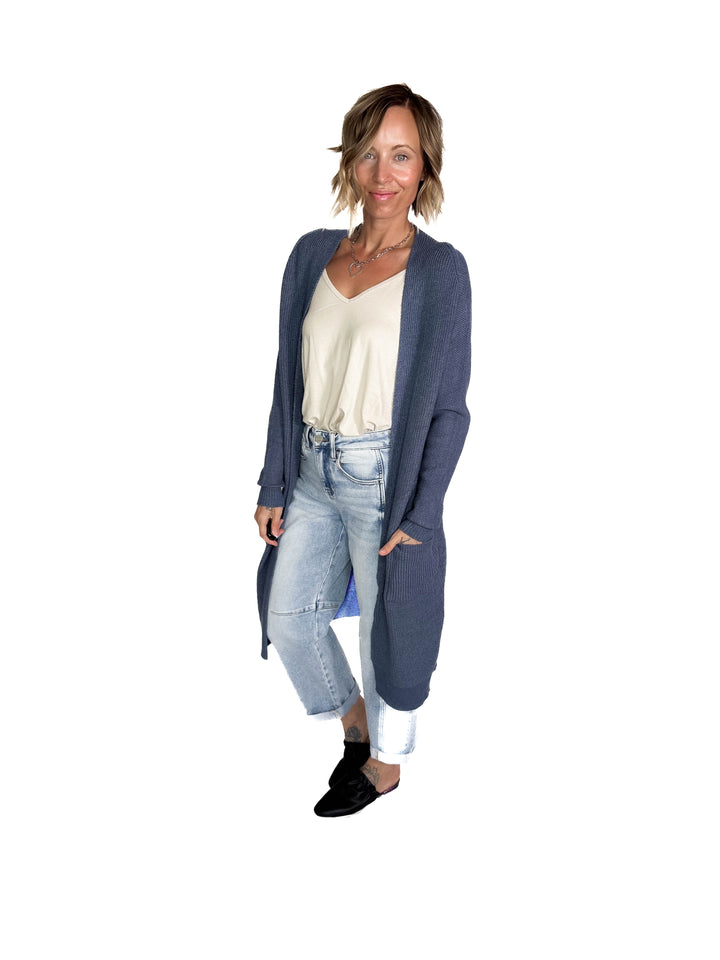 Lisa Long Line Knit Cardigan- STEEL BLUE