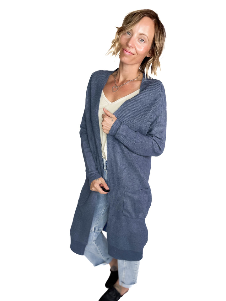 Lisa Long Line Knit Cardigan- STEEL BLUE