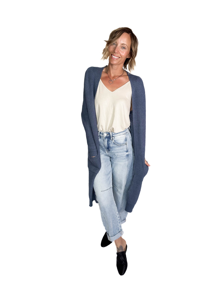 Lisa Long Line Knit Cardigan- STEEL BLUE