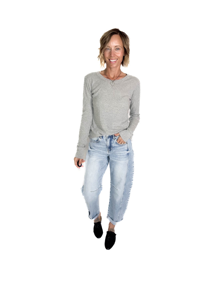Brenda Ribbed Cotton Long Sleeve- HEATHER GREY
