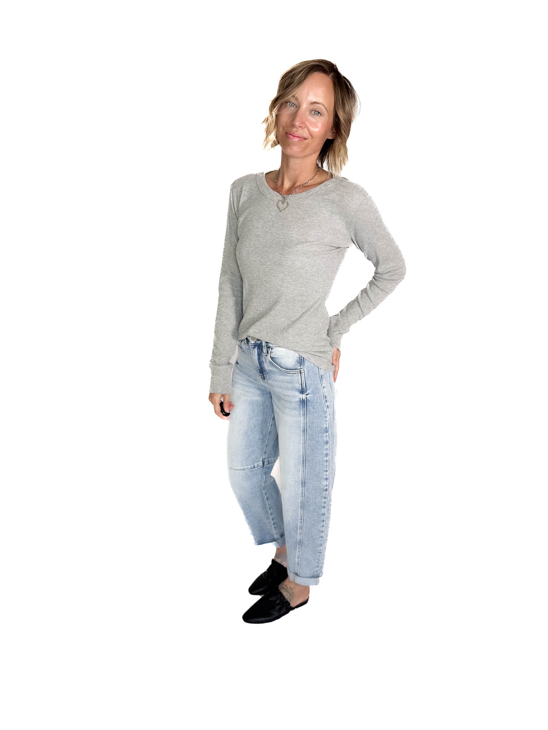 Brenda Ribbed Cotton Long Sleeve- HEATHER GREY