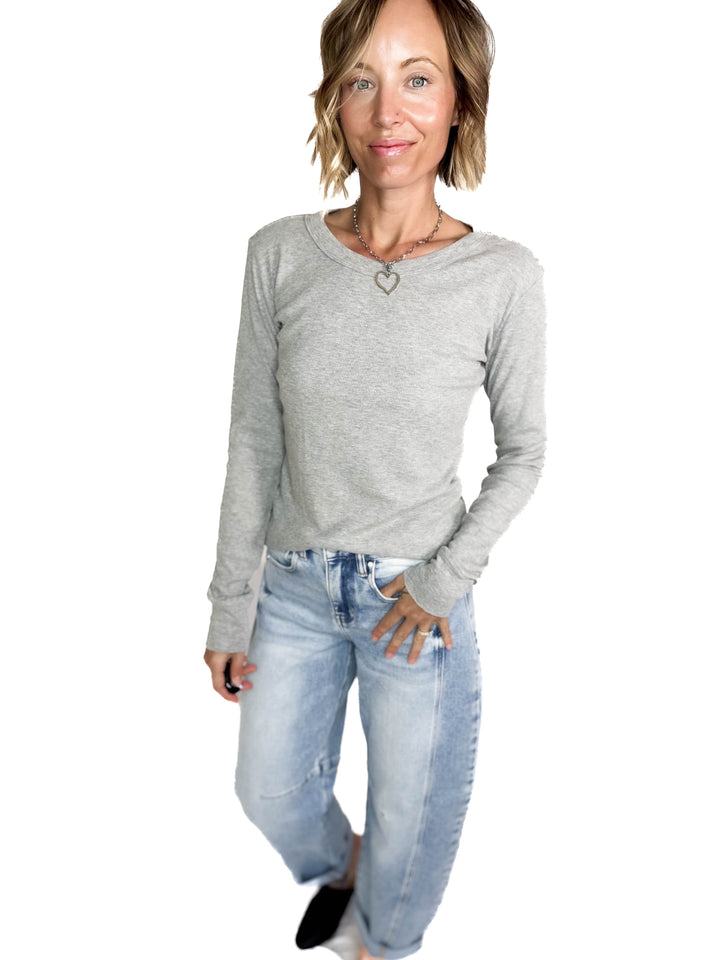 Brenda Ribbed Cotton Long Sleeve- HEATHER GREY