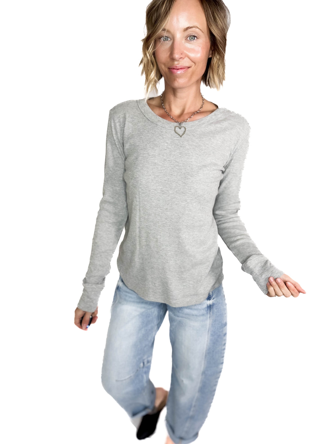 Brenda Ribbed Cotton Long Sleeve- HEATHER GREY