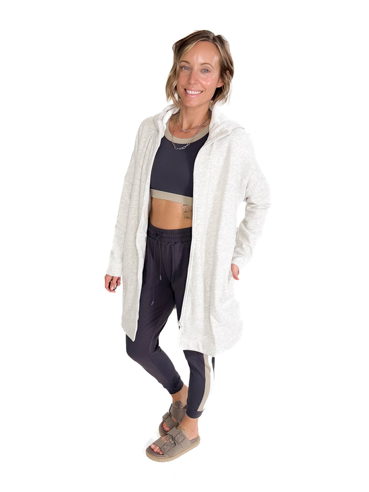 MONO B Nelly Longline Zip-Up Jacket With Hood- TWO TONE GREY