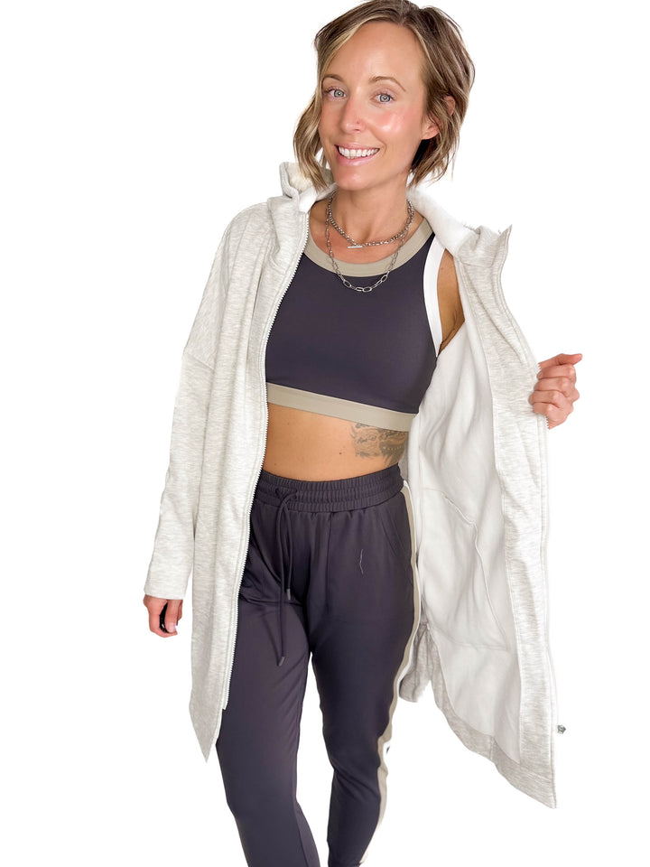 MONO B Nelly Longline Zip-Up Jacket With Hood- TWO TONE GREY