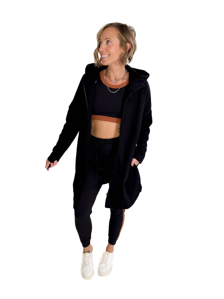 MONO B Nelly Longline Zip-Up Jacket With Hood- BLACK-FINAL SALE