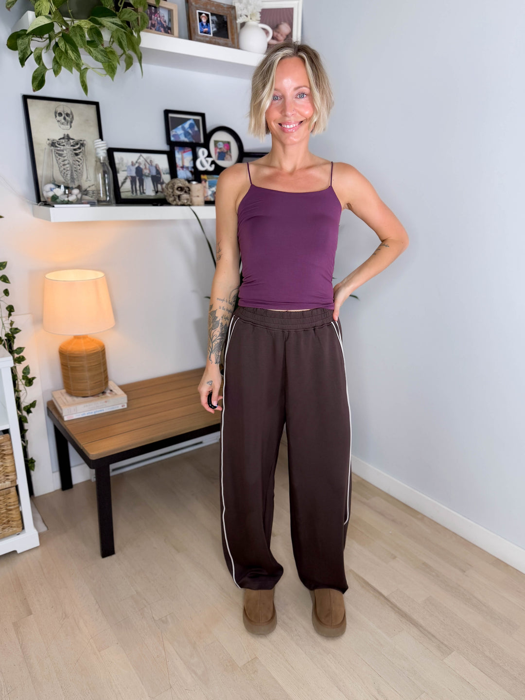 Miranda Modal Piping Straight Leg Pant- ESPRESSO/MOCHA CREAM