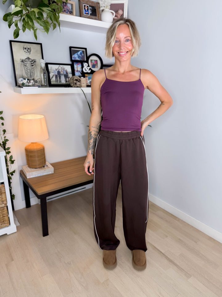 Miranda Modal Piping Straight Leg Pant- ESPRESSO/MOCHA CREAM