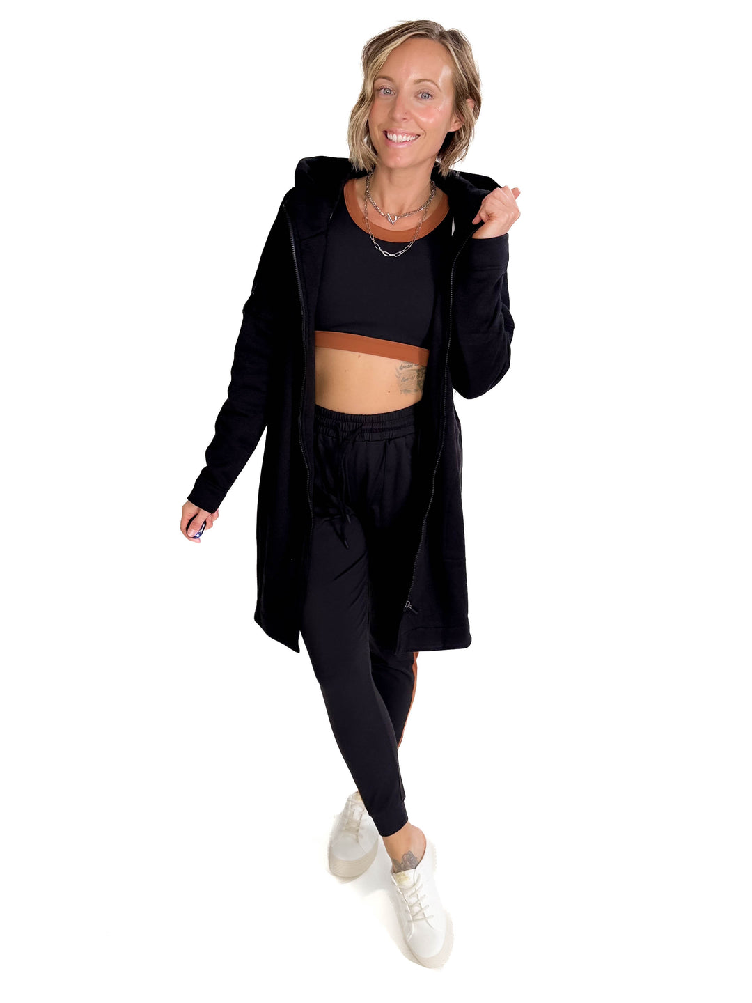 MONO B Nelly Longline Zip-Up Jacket With Hood- BLACK-FINAL SALE