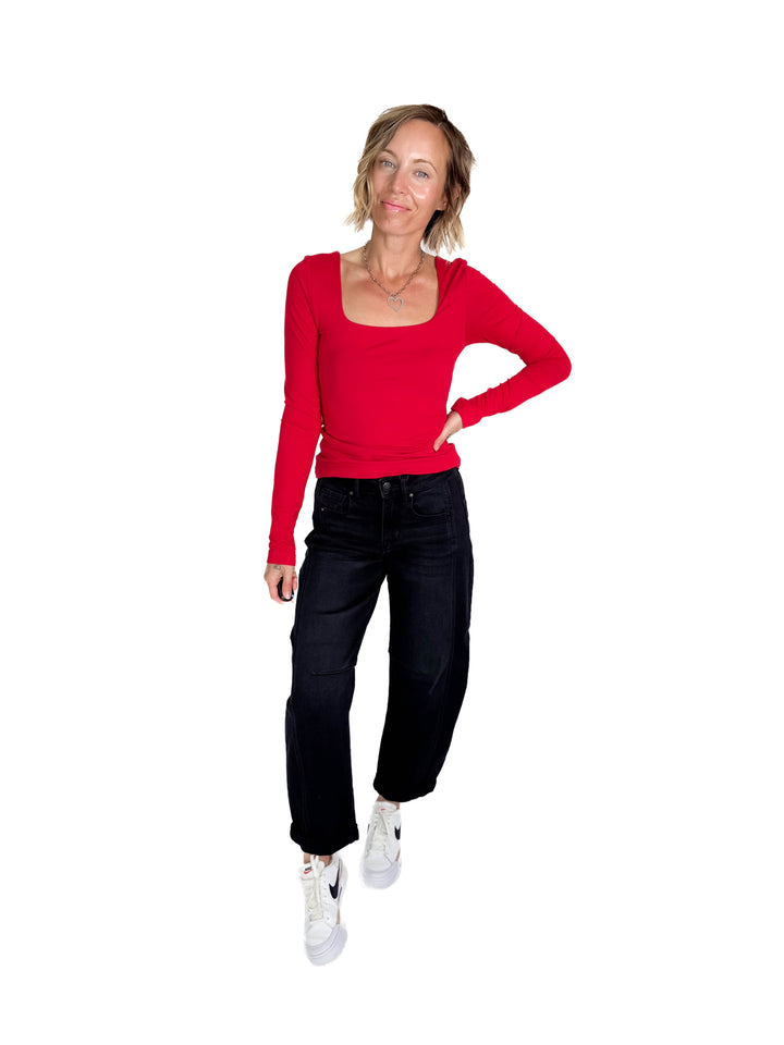 Ayla Butter Square Neck Long Sleeve Top- TRUE RED