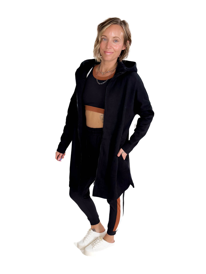 MONO B Nelly Longline Zip-Up Jacket With Hood- BLACK-FINAL SALE