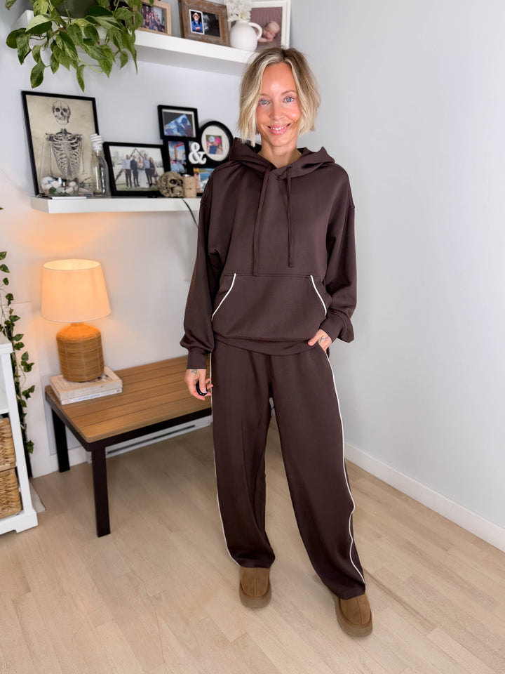 Miranda Modal Piping Straight Leg Pant- ESPRESSO/MOCHA CREAM