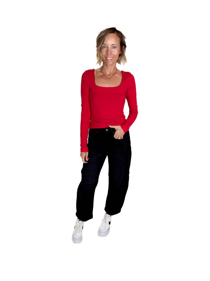 Ayla Butter Square Neck Long Sleeve Top- TRUE RED