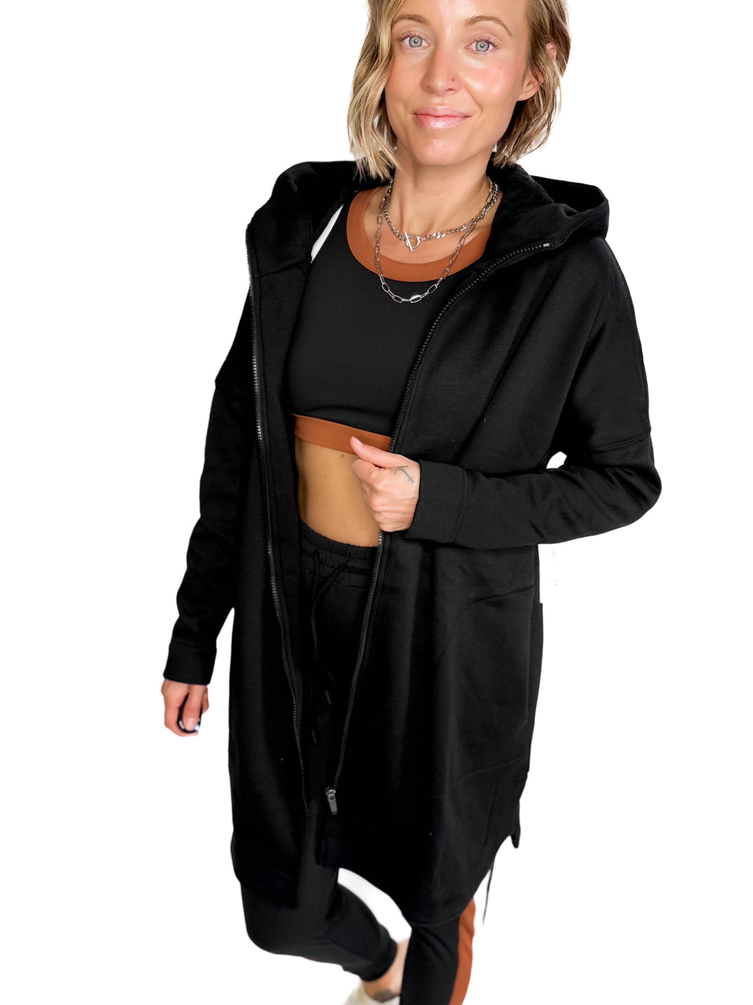 MONO B Nelly Longline Zip-Up Jacket With Hood- BLACK-FINAL SALE