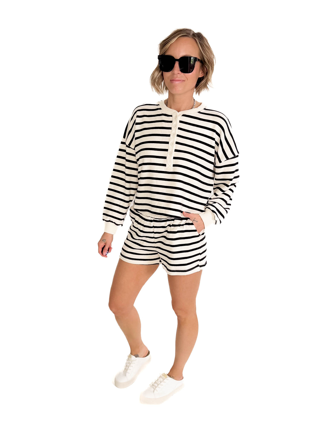 Moana Everyday Stripe Sweatshirt Short Set- IVORY/BLACK-FINAL SALE