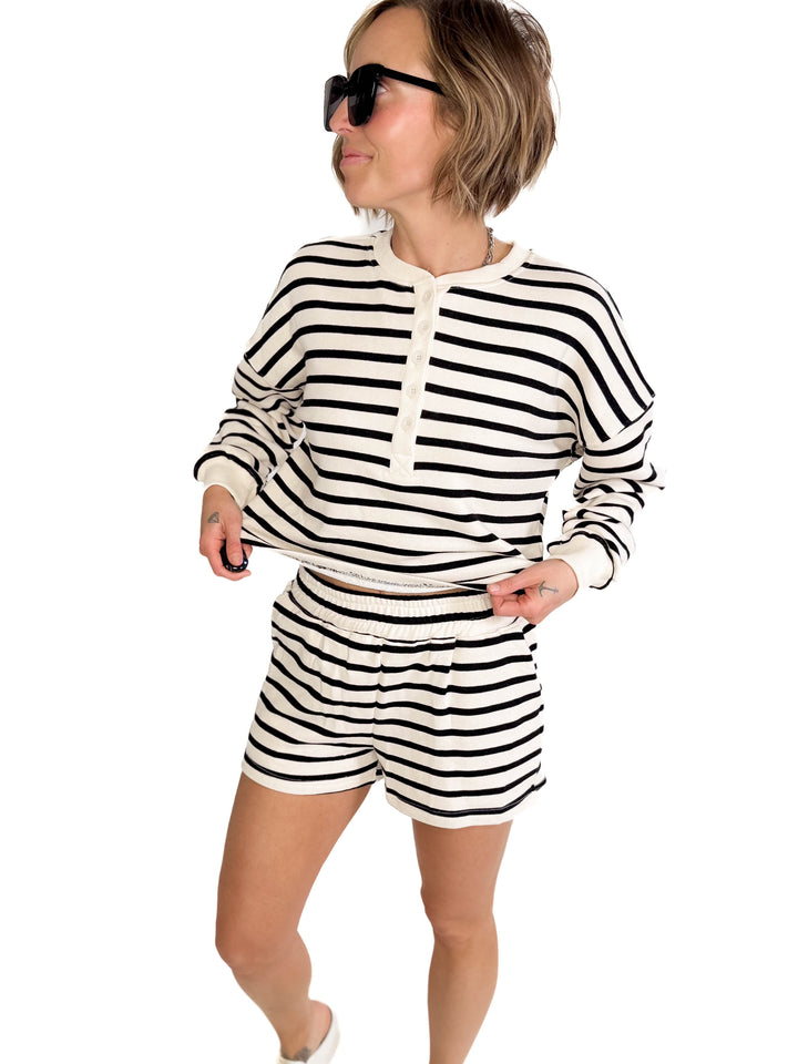 Moana Everyday Stripe Sweatshirt Short Set- IVORY/BLACK-FINAL SALE