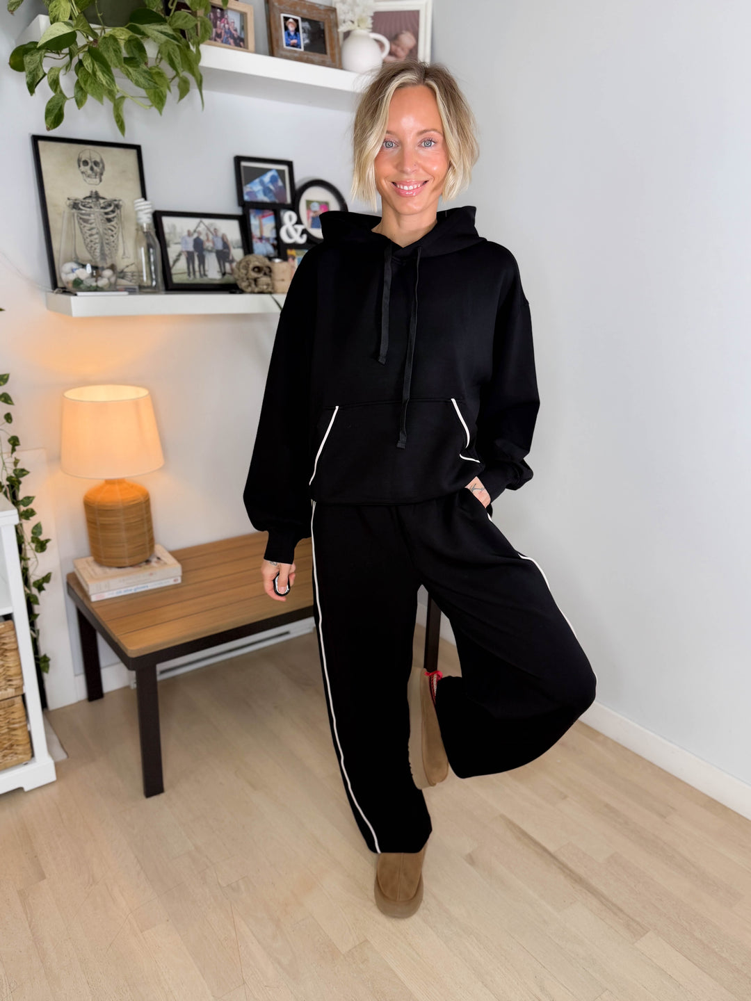 Miranda Modal Piping Hoodie- BLACK/MOCHA CREAM