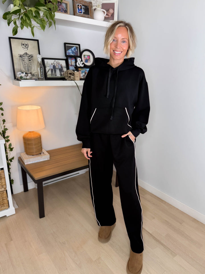 Miranda Modal Piping Hoodie- BLACK/MOCHA CREAM