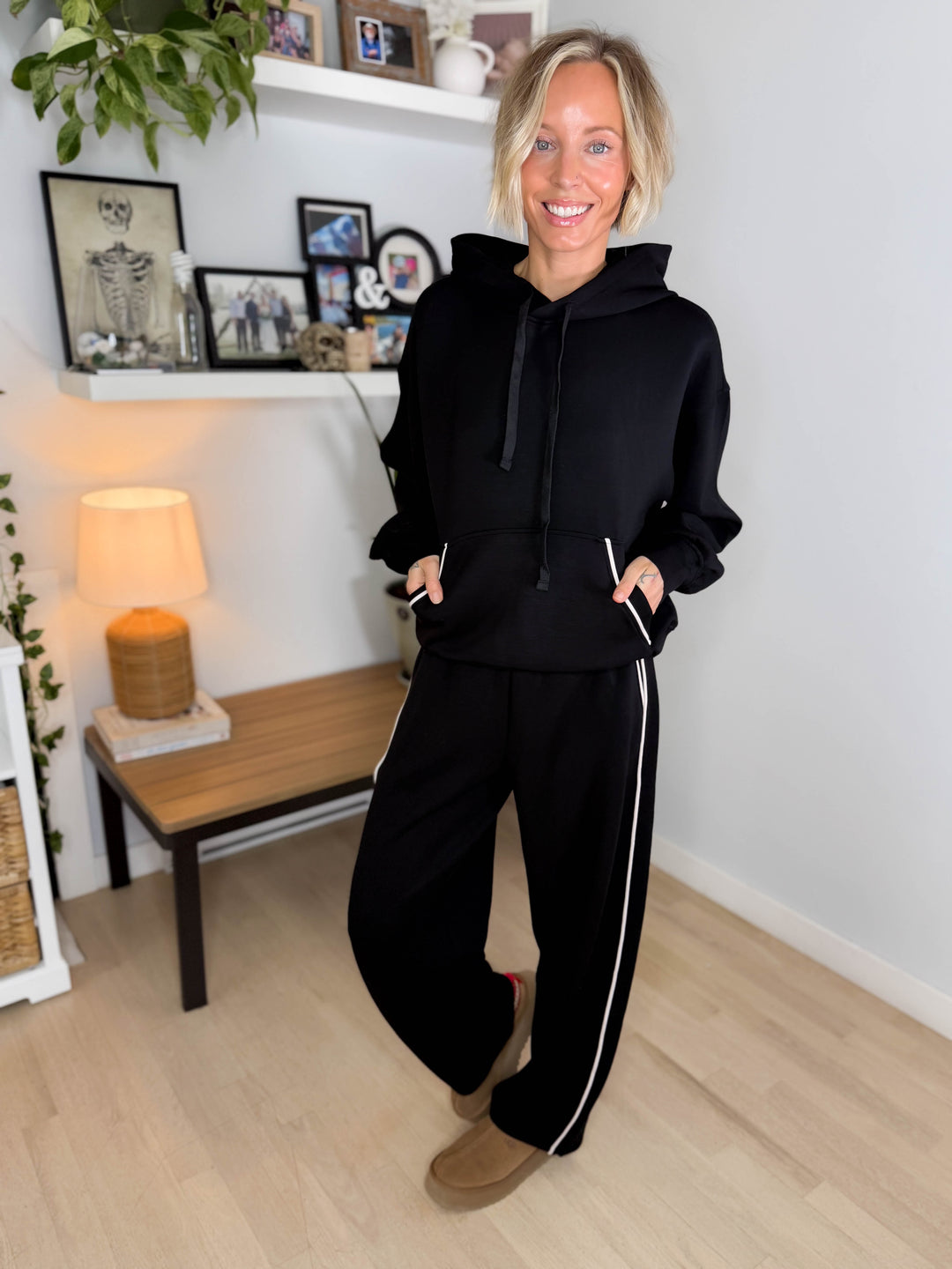 Miranda Modal Piping Hoodie- BLACK/MOCHA CREAM