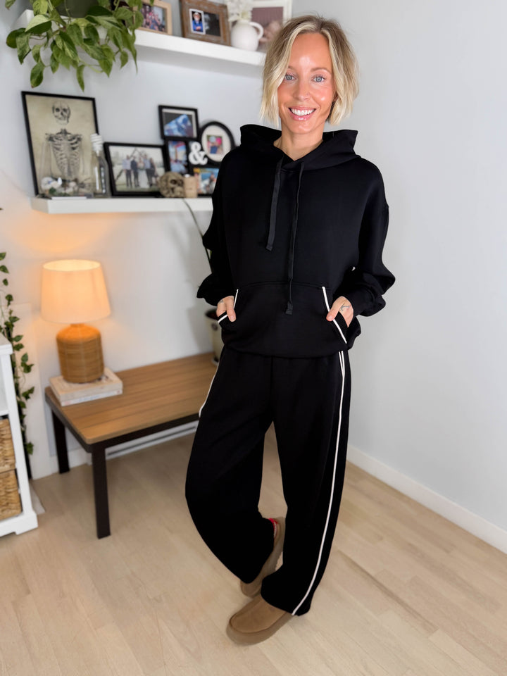 Miranda Modal Piping Hoodie- BLACK/MOCHA CREAM