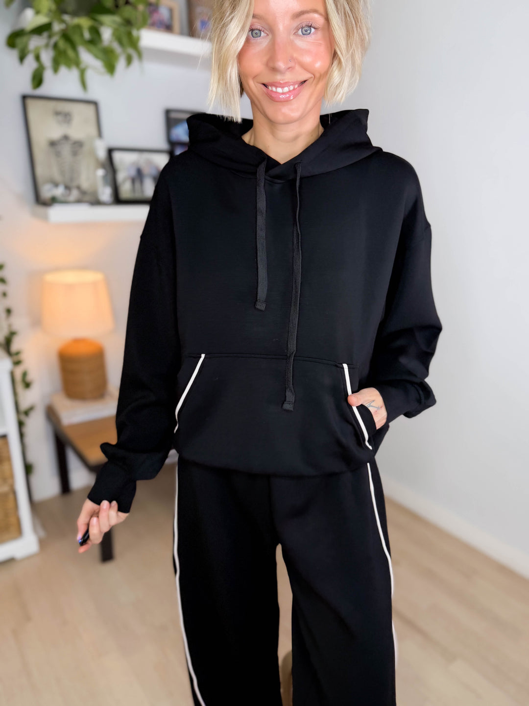 Miranda Modal Piping Hoodie- BLACK/MOCHA CREAM