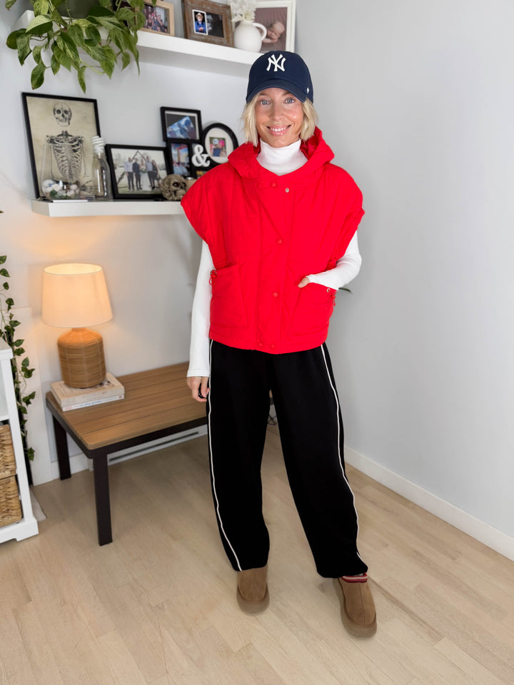 Isabella Quilted Hoodie Vest- TOMATO