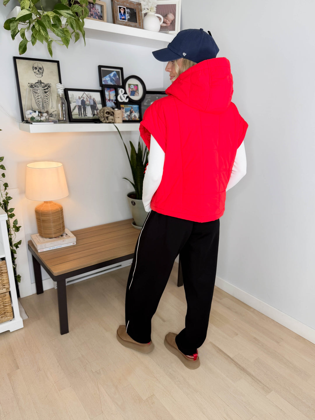 Isabella Quilted Hoodie Vest- TOMATO