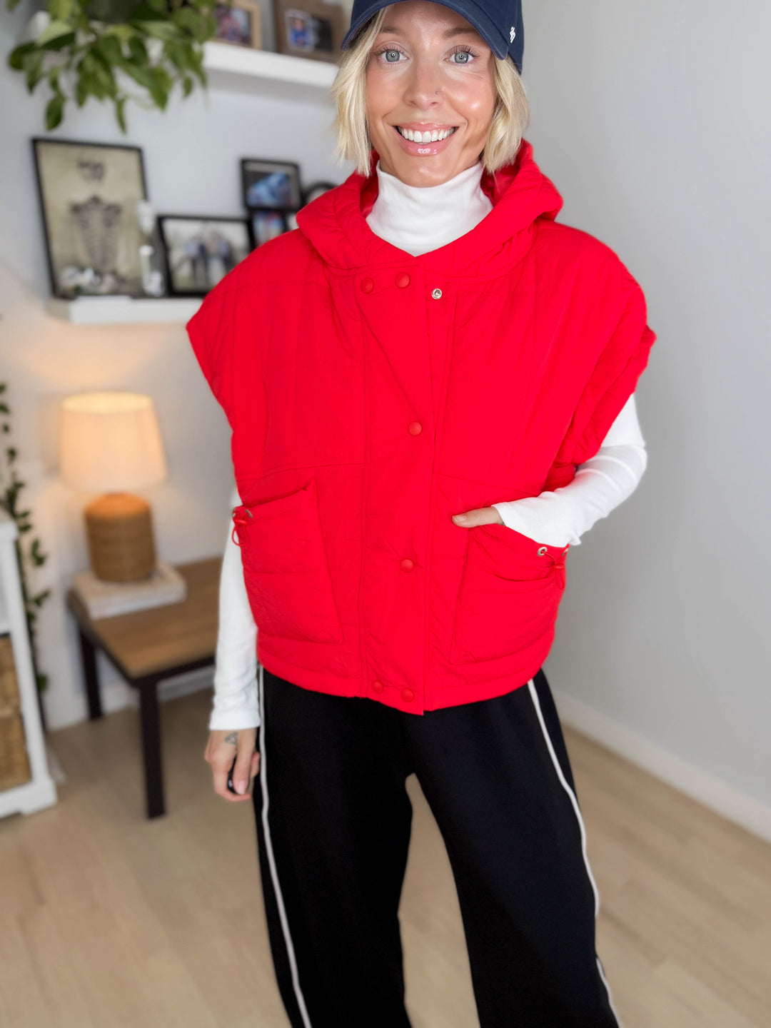 Isabella Quilted Hoodie Vest- TOMATO