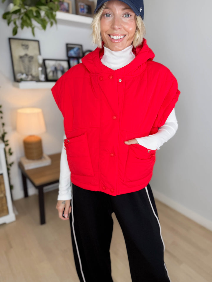 Isabella Quilted Hoodie Vest- TOMATO