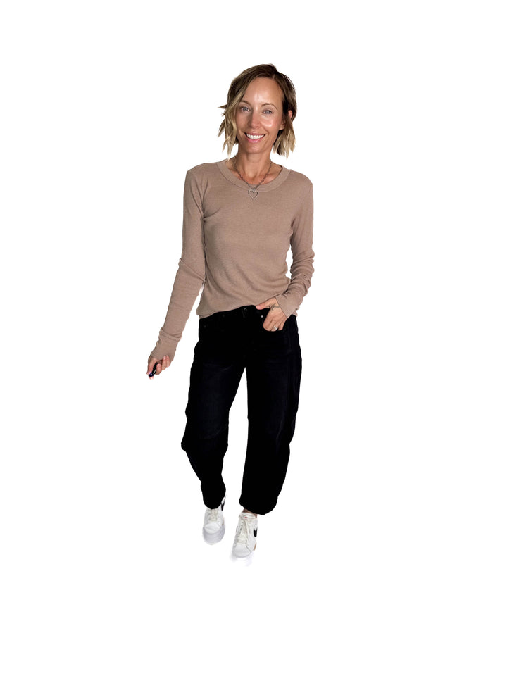 Brenda Ribbed Cotton Long Sleeve- HEATHER MOCHA